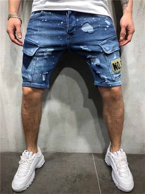 New Badge Denim Shorts Men Hole Casual Ripped Short Jeans Male Clothing Summer Slim Straight Breathable Jeans Shorts Plus size