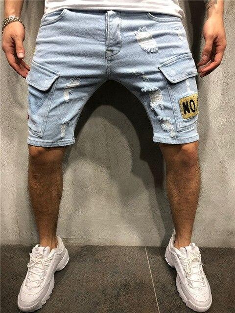 New Badge Denim Shorts Men Hole Casual Ripped Short Jeans Male Clothing Summer Slim Straight Breathable Jeans Shorts Plus size