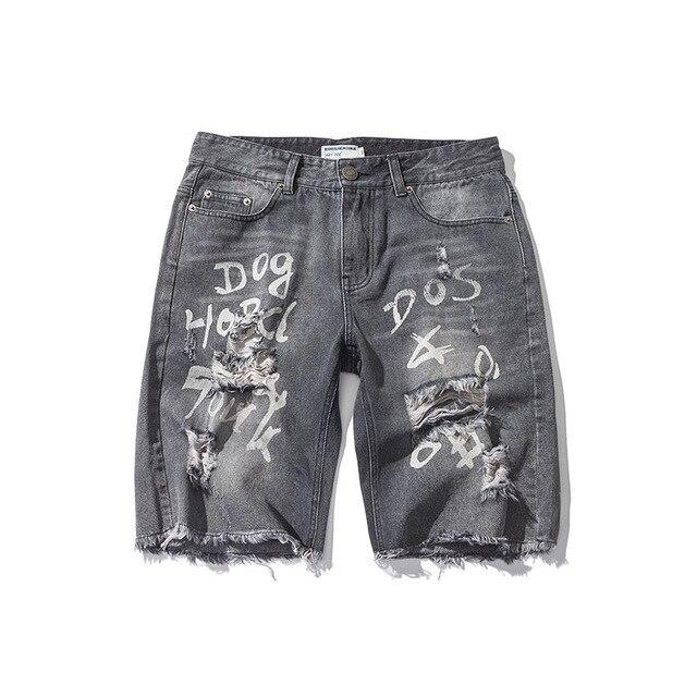 ENWAYEL Summer Letter Print Cotton Casual Jeans Shorts Men Hole Ripped Distressed Straight Short Denim Male Hip Hop Streetwear