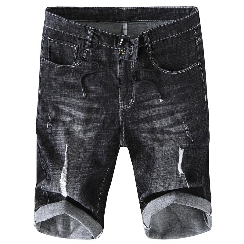 New Summer Ripped Denim Shorts Men Fashion Cotton Casual Biker Shorts Ruched Short Jeans Male Zipper Fly Black Gray Stretch Pant