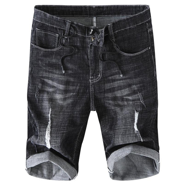 New Summer Ripped Denim Shorts Men Fashion Cotton Casual Biker Shorts Ruched Short Jeans Male Zipper Fly Black Gray Stretch Pant