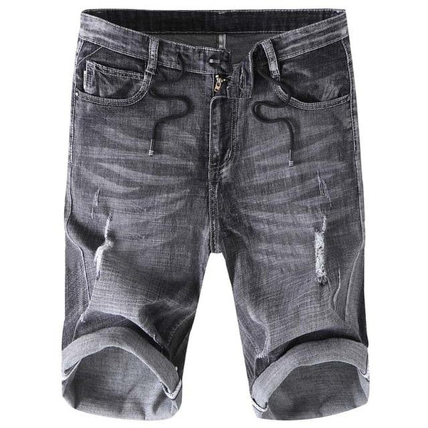 New Summer Ripped Denim Shorts Men Fashion Cotton Casual Biker Shorts Ruched Short Jeans Male Zipper Fly Black Gray Stretch Pant