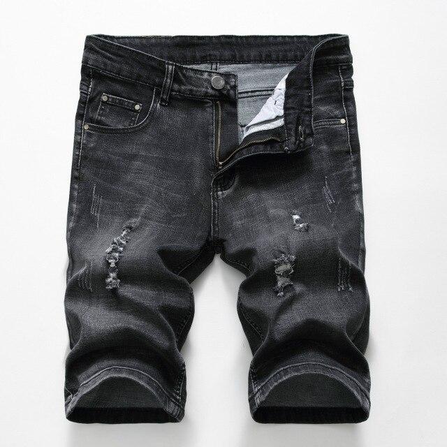 Summer Casual Shorts Men short Trousers Fashion Distressed Straight slim Denim Shorts Male Black ripped Jeans shorts knee length