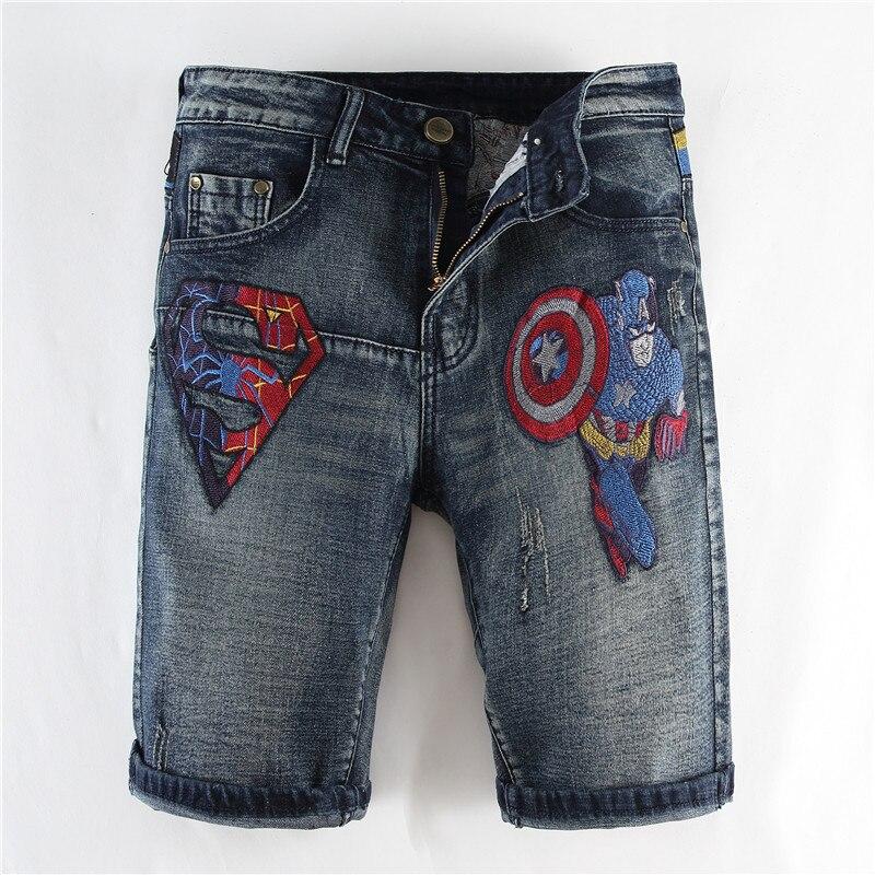 New Fashion Leisure Mens Ripped Short Jeans Brand Clothing Summer Embroidery Cartoon Captain Shorts Breathable Denim Shorts Male