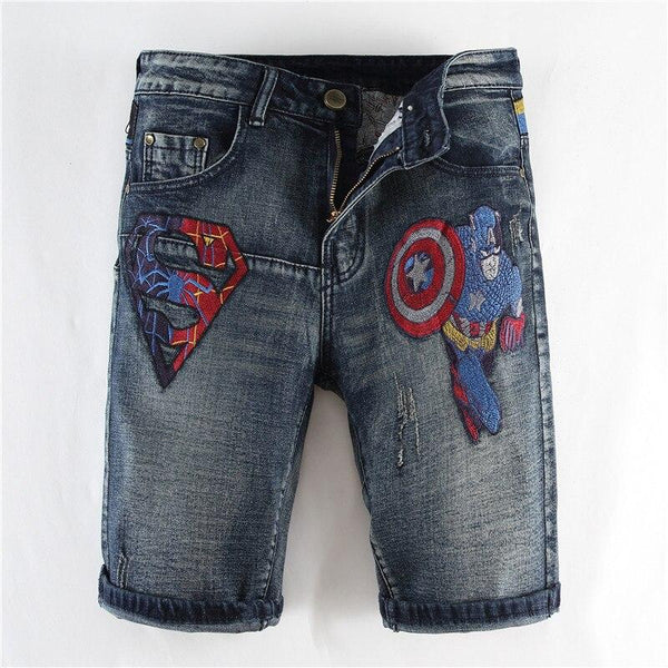 New Fashion Leisure Mens Ripped Short Jeans Brand Clothing Summer Embroidery Cartoon Captain Shorts Breathable Denim Shorts Male