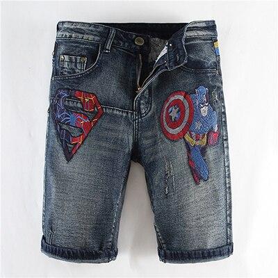 New Fashion Leisure Mens Ripped Short Jeans Brand Clothing Summer Embroidery Cartoon Captain Shorts Breathable Denim Shorts Male