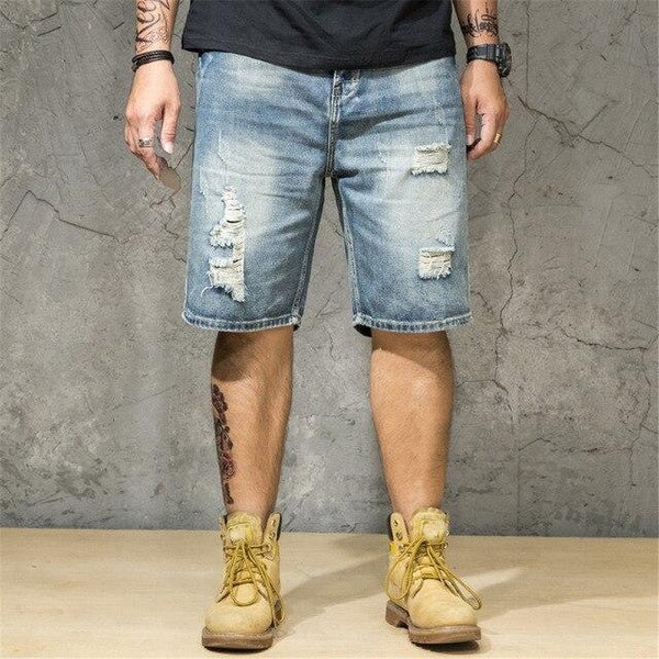2019 Summer Men's Ripped Denim Shorts Hole Pop Streetwear Male Jeans Thin  hole Frayed Male knee length Jeans