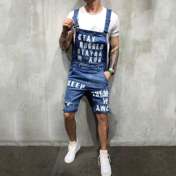 Men Denim Pants Mid Waist Letter Print Bib Pants Man Straight Knee Length Jeans Overalls Ripped Male Denim Jumpsuits Jeans D40