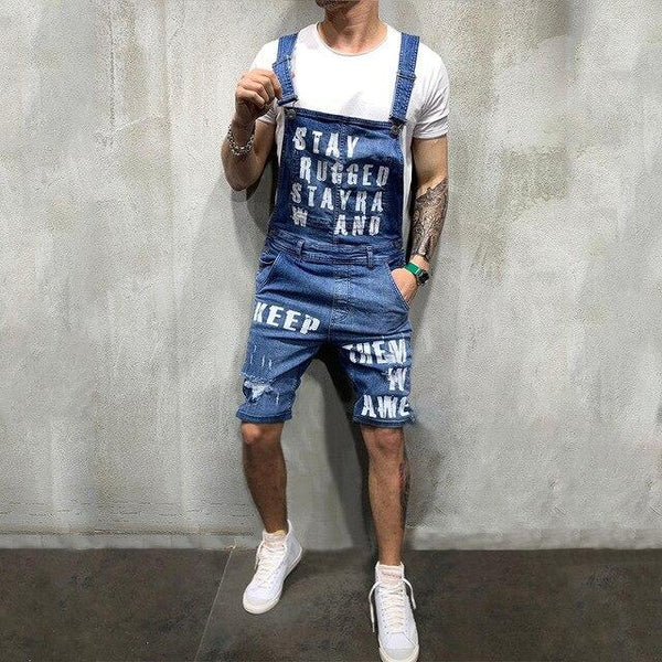 Men Denim Pants Mid Waist Letter Print Bib Pants Man Straight Knee Length Jeans Overalls Ripped Male Denim Jumpsuits Jeans D40
