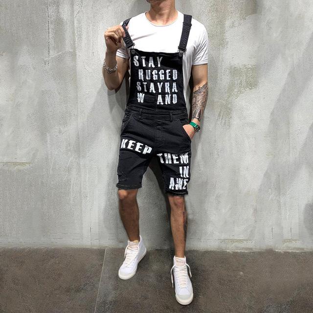 Men Denim Pants Mid Waist Letter Print Bib Pants Man Straight Knee Length Jeans Overalls Ripped Male Denim Jumpsuits Jeans D40