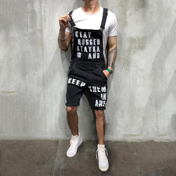 Men Denim Pants Mid Waist Letter Print Bib Pants Man Straight Knee Length Jeans Overalls Ripped Male Denim Jumpsuits Jeans D40