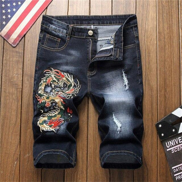 Men's Knee Length Dragon Embroidery Ripped Jeans Shorts Plus Size Magpie Embroidered Patches Slim Straight Denim Jeans