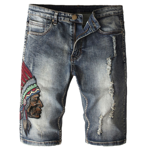 Denim Shorts Men's Retro Indiana Embroidery  Skinny Ripped Jeans Shorts Summer Knee Length Shorts Men x132