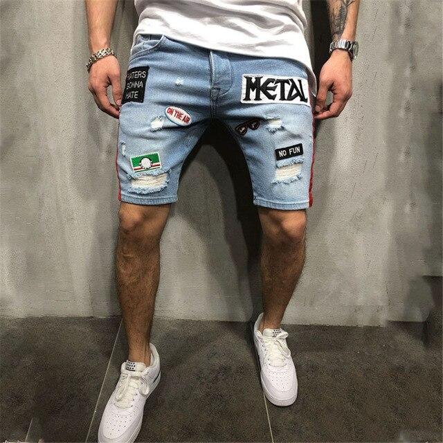 2019 New Summer Mens Retro Denim Shorts Patchwork Ripped Jeans Shorts Knee Length Cotton Shorts for Male shorts