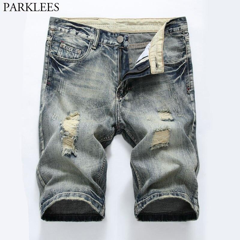 2018 New Fashion Ripped Jeans Shorts Men Summer Straight Wash Cotton Denim Shorts Mens Knee Length Bermuda Jeans Shorts Hommes