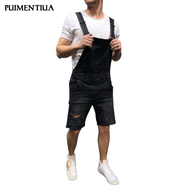 Men's Summer Casual Hole Sling Slim Suspenders 2019 Fashion Denim Shorts Plus Size Knee Length Ripped Bib Shorts