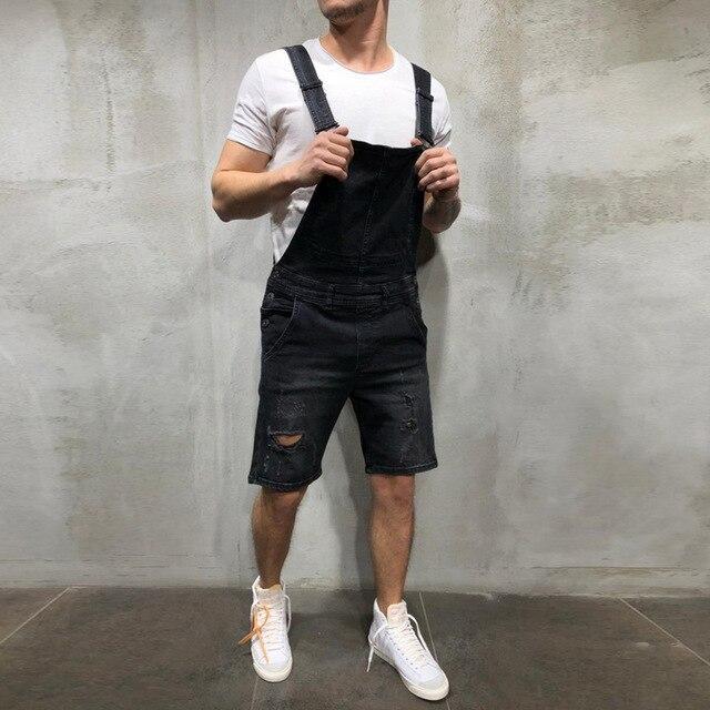 Men's Summer Casual Hole Sling Slim Suspenders 2019 Fashion Denim Shorts Plus Size Knee Length Ripped Bib Shorts