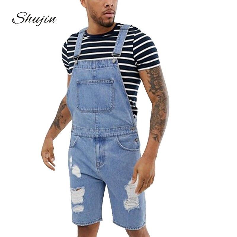 SHUJIN Summer Fashion Men Ripped Jeans Jumpsuits Shorts  Street Style Distressed Denim Bib Overalls Mens Casual Suspender Pant