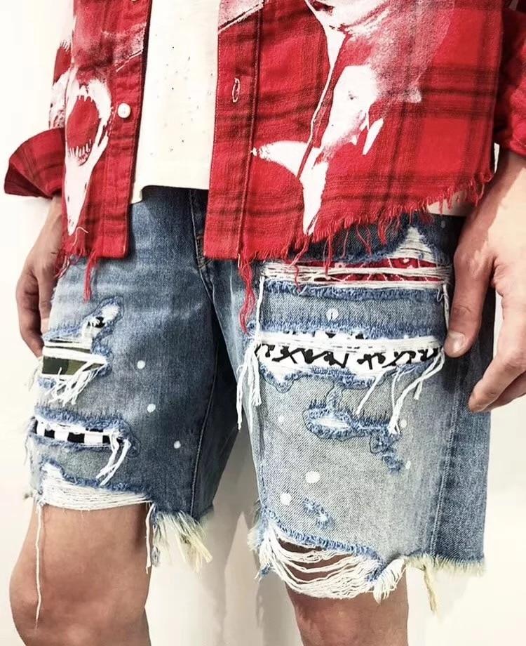 men Bandana Paisley art patches ripped destroyed denim shorts