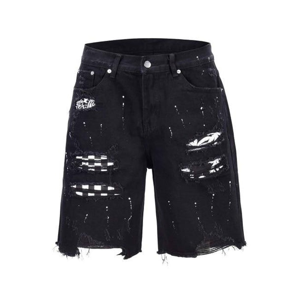 men Bandana Paisley art patches ripped destroyed denim shorts