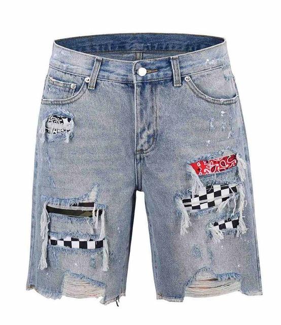 men Bandana Paisley art patches ripped destroyed denim shorts