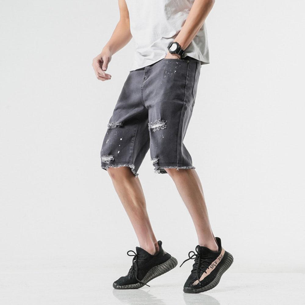 AudWhale Summer Casual Mens Jeans Shorts Straight Ripped Solid Denim Shorts For Men Casual Knee Length Male Shorts