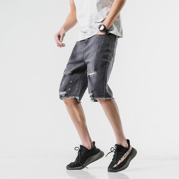 AudWhale Summer Casual Mens Jeans Shorts Straight Ripped Solid Denim Shorts For Men Casual Knee Length Male Shorts