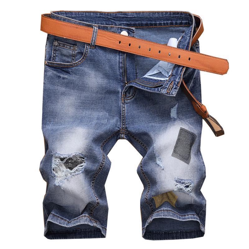 2019 Summer New Men's Ripped Denim Shorts Fashion Personality Pattern Elastic Slim Fit Hole Casual Blue Jeans Male Brand