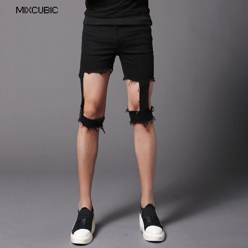MIXCUBIC 2017 Korean style summer Retro punk unique ripped hole denim Shorts Men casual slim Scratching denim shorts size M-XXL