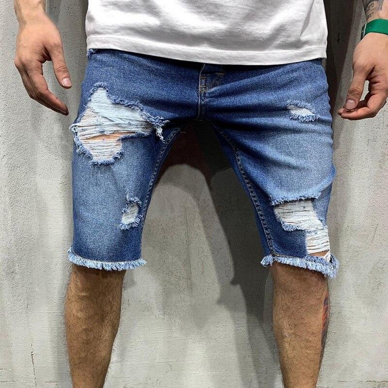 2019 Fashion Summer Men Hole Ripped Casual Zipper Short Jeans High Quality Elastic Slim Fit Breathable Denim Shorts Clothing
