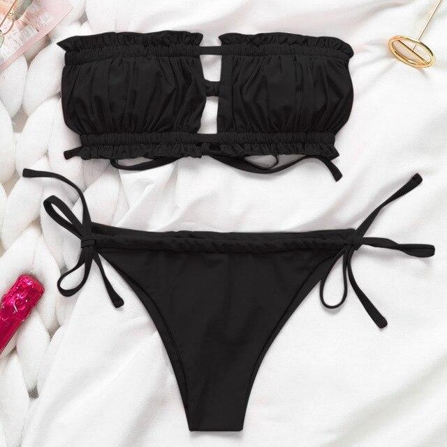 Simple Ladies Sexy Bikini High Waist Halter Beach Swimming Split Swimsuit Female Bandage Pleated Solid Color Lace Bikini Set