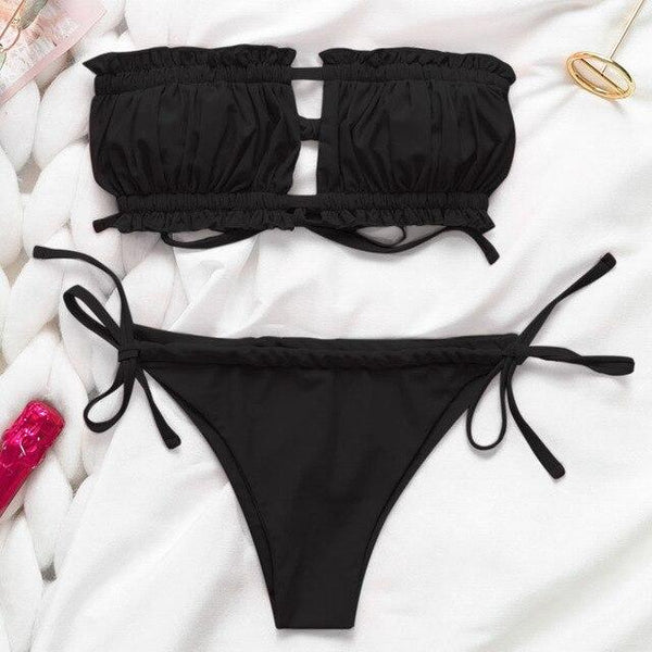 Simple Ladies Sexy Bikini High Waist Halter Beach Swimming Split Swimsuit Female Bandage Pleated Solid Color Lace Bikini Set