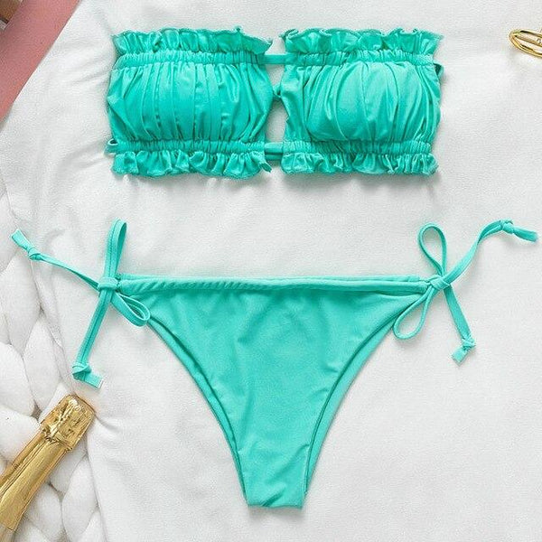 Simple Ladies Sexy Bikini High Waist Halter Beach Swimming Split Swimsuit Female Bandage Pleated Solid Color Lace Bikini Set