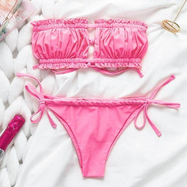 Simple Ladies Sexy Bikini High Waist Halter Beach Swimming Split Swimsuit Female Bandage Pleated Solid Color Lace Bikini Set