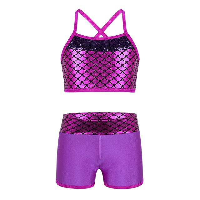 Tankini Swimsuit for Kids Girls Swimsuit Gymnastics Outfit Sequins Mermaid Swimming Suit Tank Top Set with Shorts Swimwear