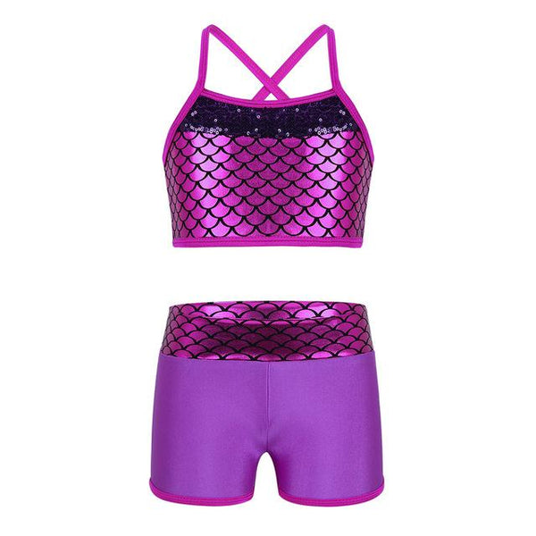 Tankini Swimsuit for Kids Girls Swimsuit Gymnastics Outfit Sequins Mermaid Swimming Suit Tank Top Set with Shorts Swimwear