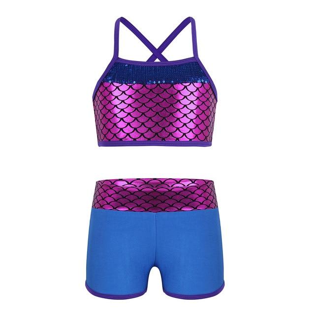 Tankini Swimsuit for Kids Girls Swimsuit Gymnastics Outfit Sequins Mermaid Swimming Suit Tank Top Set with Shorts Swimwear