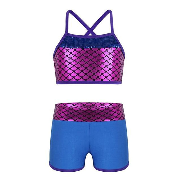 Tankini Swimsuit for Kids Girls Swimsuit Gymnastics Outfit Sequins Mermaid Swimming Suit Tank Top Set with Shorts Swimwear