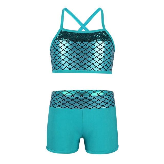 Tankini Swimsuit for Kids Girls Swimsuit Gymnastics Outfit Sequins Mermaid Swimming Suit Tank Top Set with Shorts Swimwear