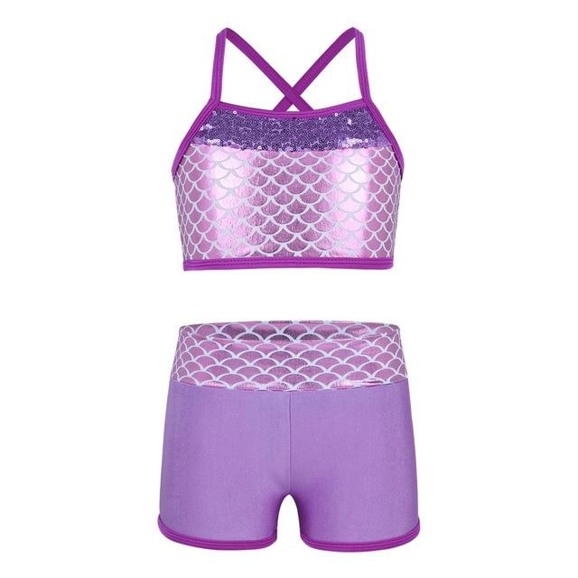 Tankini Swimsuit for Kids Girls Swimsuit Gymnastics Outfit Sequins Mermaid Swimming Suit Tank Top Set with Shorts Swimwear