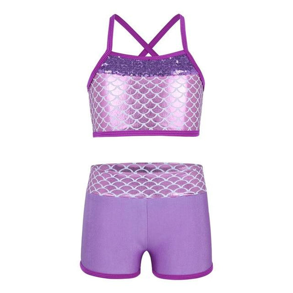Tankini Swimsuit for Kids Girls Swimsuit Gymnastics Outfit Sequins Mermaid Swimming Suit Tank Top Set with Shorts Swimwear