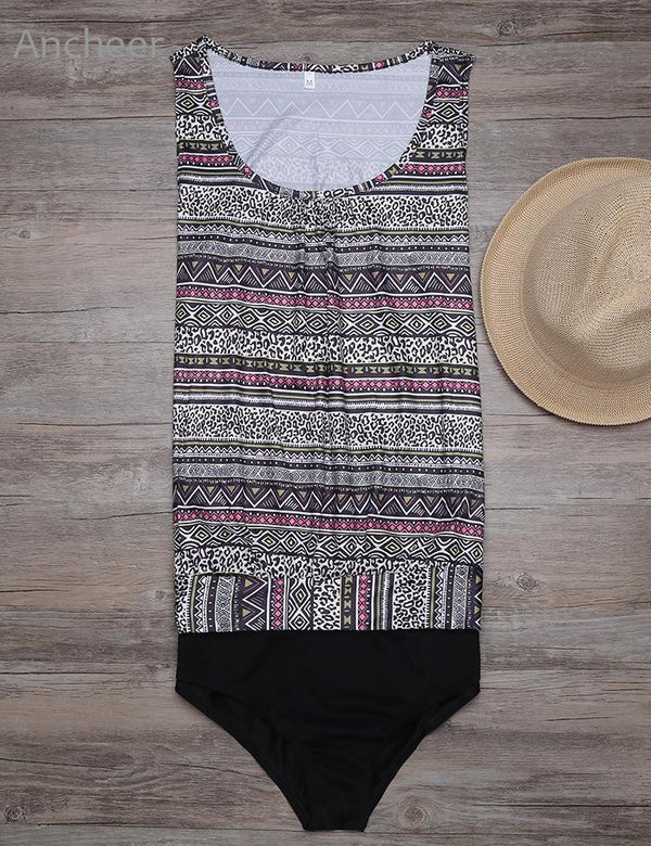 Bikinis Women Leopard Printed Tankini Top and Tribal Solid Bottom Swimwear Women's Swimming Suit
