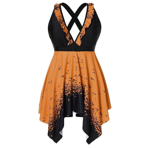 Plus Size Criss Cross  Printed Skirted Women Set Handkerchief Top Two Piece Sets Summer Beachwear Tankini Set Wire Free