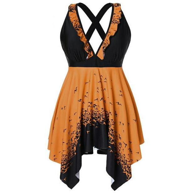 Plus Size Criss Cross  Printed Skirted Women Set Handkerchief Top Two Piece Sets Summer Beachwear Tankini Set Wire Free