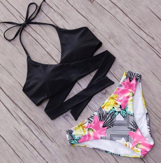 2018 Padded Bra Bikini Set Solid Tankini Top Print Bottom High Waist Swimsuit Women Cross Push-up Triangle Swimwear Bathing