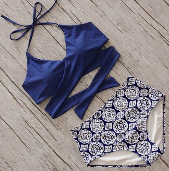 2018 Padded Bra Bikini Set Solid Tankini Top Print Bottom High Waist Swimsuit Women Cross Push-up Triangle Swimwear Bathing