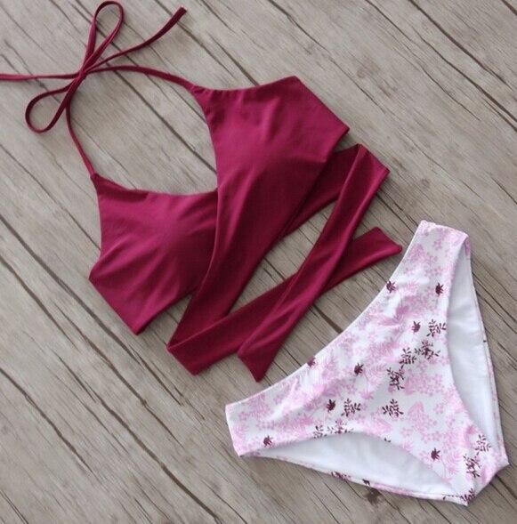 2018 Padded Bra Bikini Set Solid Tankini Top Print Bottom High Waist Swimsuit Women Cross Push-up Triangle Swimwear Bathing