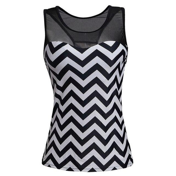 Women Swimwear Black White Zigzag Print Mesh Splice Tankini Top Sexy 41970 Swimsuit Plus Size Bathing Suit Tops