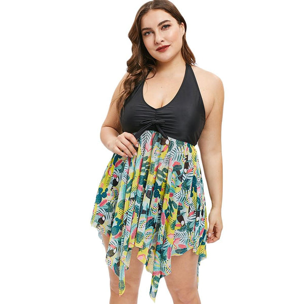 Plus Size Swimwear Women Swimsuit Female Bathing Suit Beachwear Push Up Tankini Top Trunks Printed Halter Tankini Set