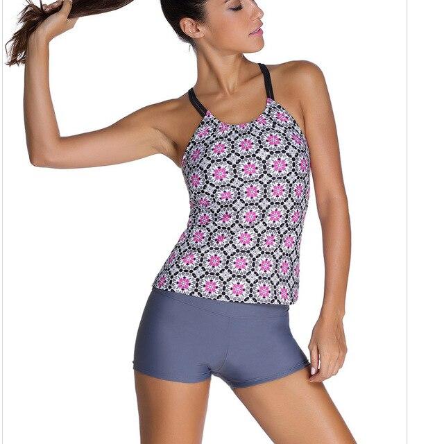 New 2018 Women Summer Beach Wear Black Blue Print Swimsuit Swimwear Tankini Top and Bottom 2 pieces Sets Bathing Suits 41999